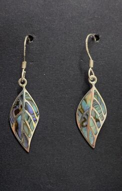 Vintage 925 Sterling Silver Abalone Inlay Leaf Feather Earrings Boho